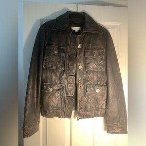 d. terrell Distressed Button Bomber Jacket Brown Black Pockets Lined